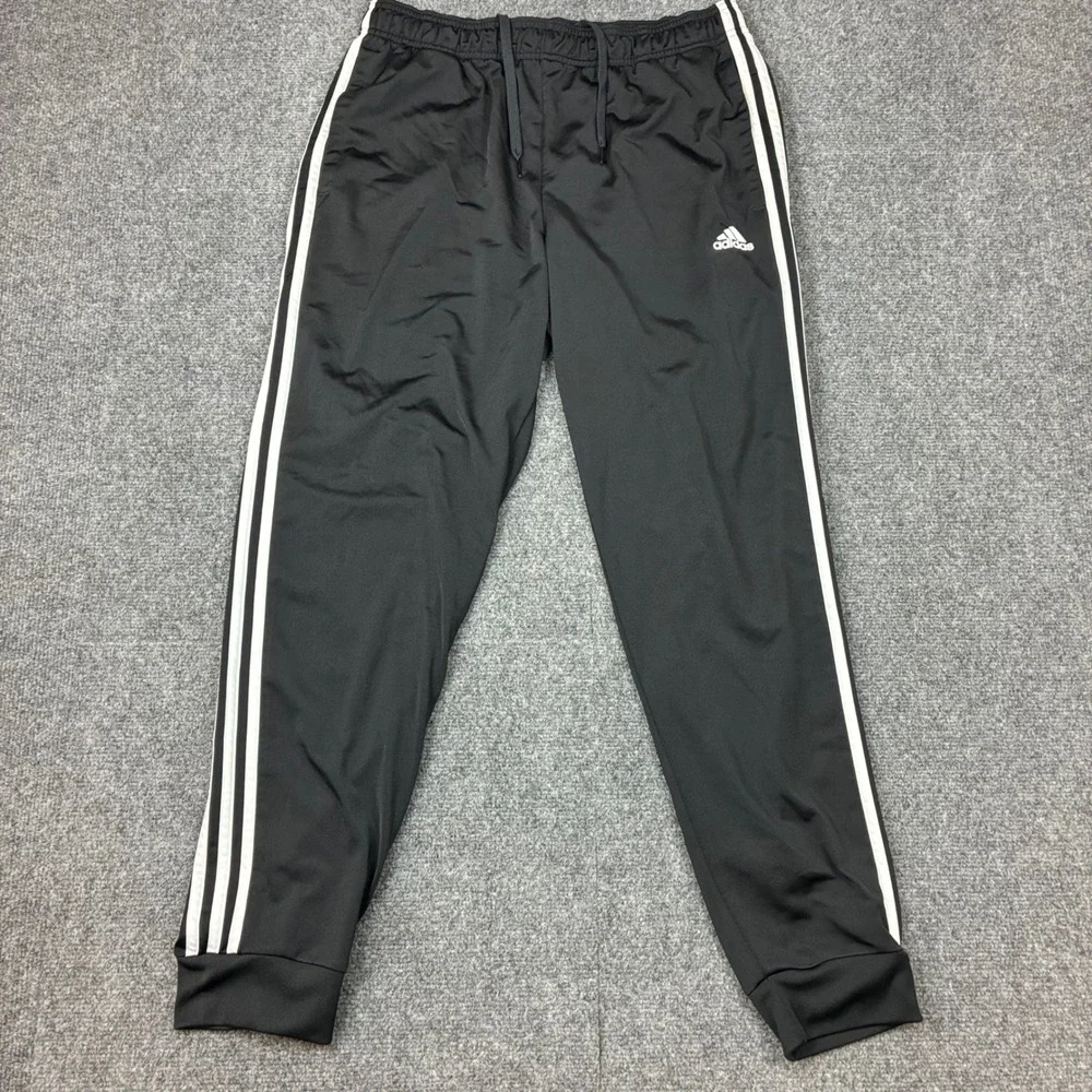 Adidas Mens Size Large 32x30 Track Pants Black White 3 Stripe Joggers